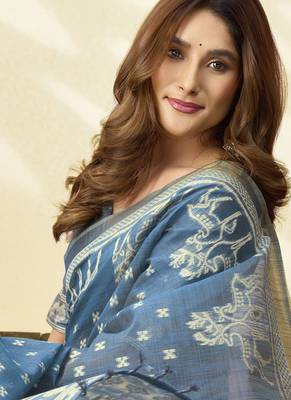 Steel blue soft cotton jacquard woven with jhallar saree collection 3