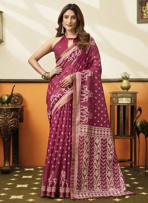 Pink soft cotton jacquard woven with jhallar saree collection 1