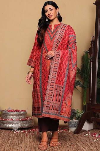 Rust Paisley Printed Mandarin Collar Straight Kurta With Trousers & Dupatta