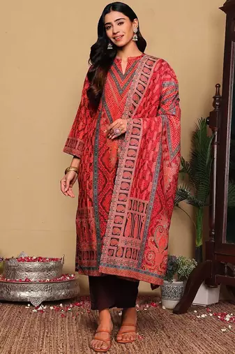 Rust Paisley Printed Mandarin Collar Straight Kurta With Trousers & Dupatta