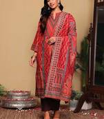 Rust Paisley Printed Mandarin Collar Straight Kurta With Trousers & Dupatta