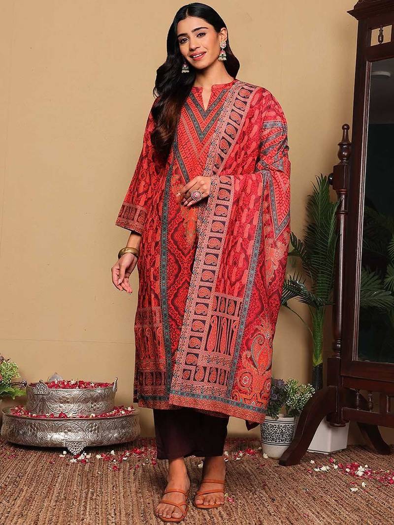 Rust Paisley Printed Mandarin Collar Straight Kurta With Trousers & Dupatta