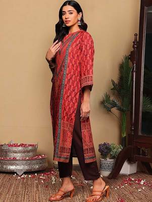 Rust Paisley Printed Mandarin Collar Straight Kurta With Trousers & Dupatta 5