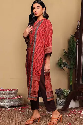 Rust Paisley Printed Mandarin Collar Straight Kurta With Trousers & Dupatta