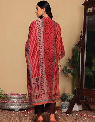 Rust Paisley Printed Mandarin Collar Straight Kurta With Trousers & Dupatta 6