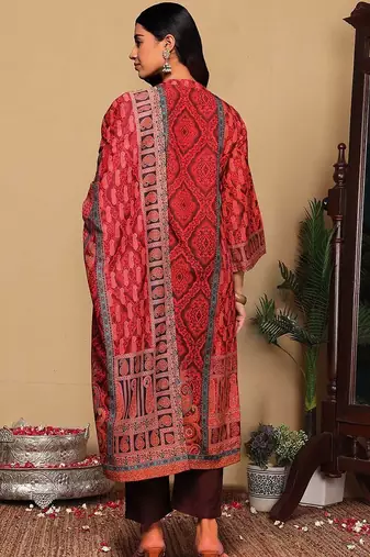 Rust Paisley Printed Mandarin Collar Straight Kurta With Trousers & Dupatta