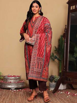 Rust Paisley Printed Mandarin Collar Straight Kurta With Trousers & Dupatta 7
