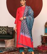Red Bandhani Printed Mandarin Colar Kurta With Trousers & Dupatta