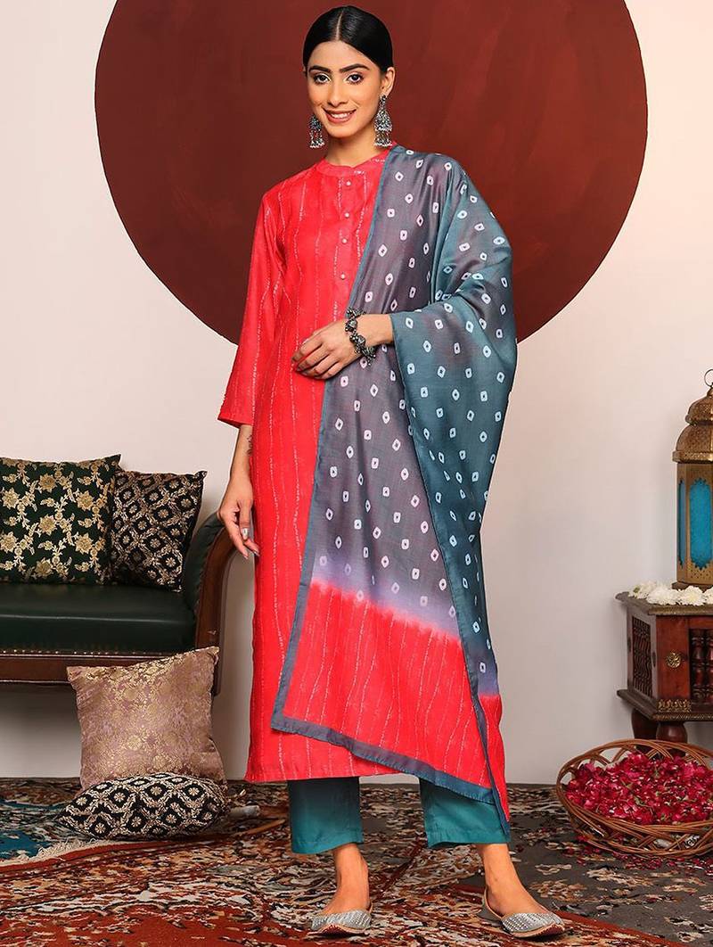 Red Bandhani Printed Mandarin Colar Kurta With Trousers & Dupatta