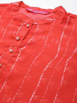 Red Bandhani Printed Mandarin Colar Kurta With Trousers & Dupatta 2