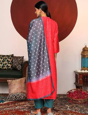 Red Bandhani Printed Mandarin Colar Kurta With Trousers & Dupatta 5