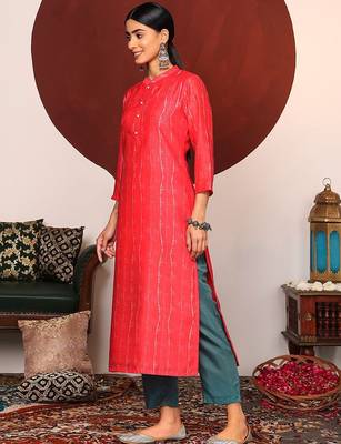 Red Bandhani Printed Mandarin Colar Kurta With Trousers & Dupatta 6