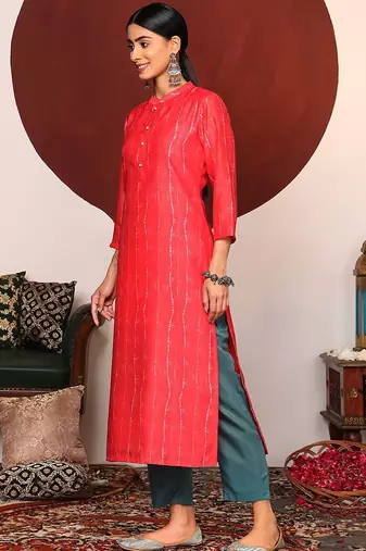 Red Bandhani Printed Mandarin Colar Kurta With Trousers & Dupatta