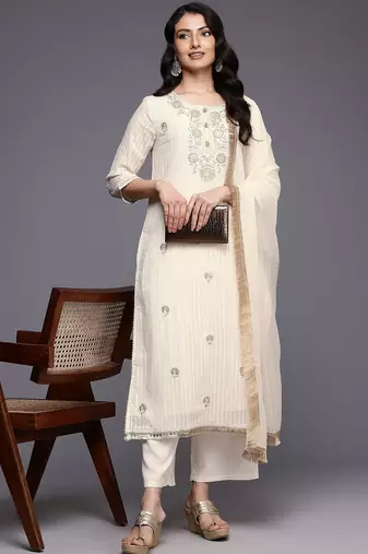 Off White Striped Regular Thread Work Kurta With Trouser With Dupatta