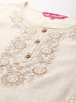 Off White Striped Regular Thread Work Kurta With Trouser With Dupatta 2
