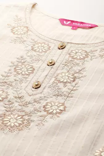 Off White Striped Regular Thread Work Kurta With Trouser With Dupatta