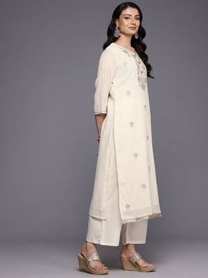 Off White Striped Regular Thread Work Kurta With Trouser With Dupatta 5