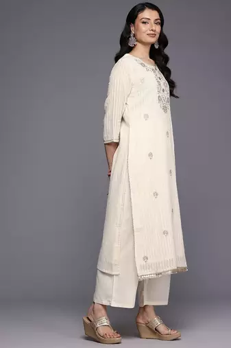 Off White Striped Regular Thread Work Kurta With Trouser With Dupatta