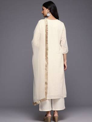Off White Striped Regular Thread Work Kurta With Trouser With Dupatta 6
