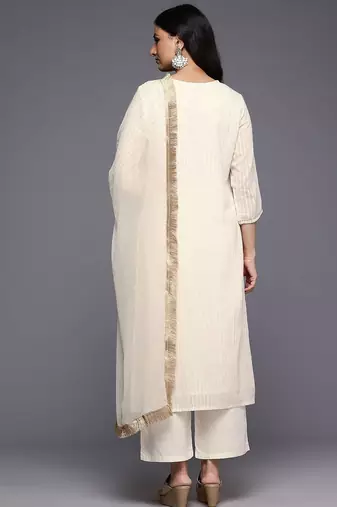 Off White Striped Regular Thread Work Kurta With Trouser With Dupatta
