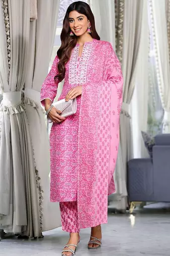 Women Floral Embroidered Regular Thread Work Pure Cotton Kurta with Trousers & With Dupatta