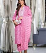 Women Floral Embroidered Regular Thread Work Pure Cotton Kurta with Trousers & With Dupatta