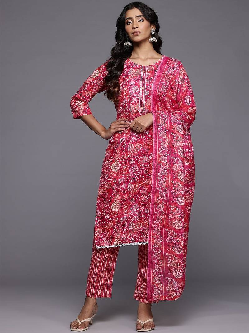 Floral Printed Regular Pure Cotton Kurta with Trousers & Dupatta