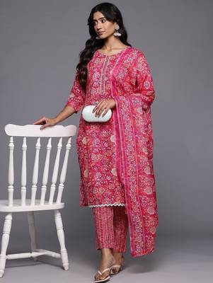 Floral Printed Regular Pure Cotton Kurta with Trousers & Dupatta 7