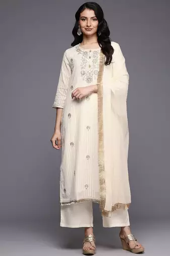 Floral Embroidered Zari Kurta With Palazzos & Dupatta