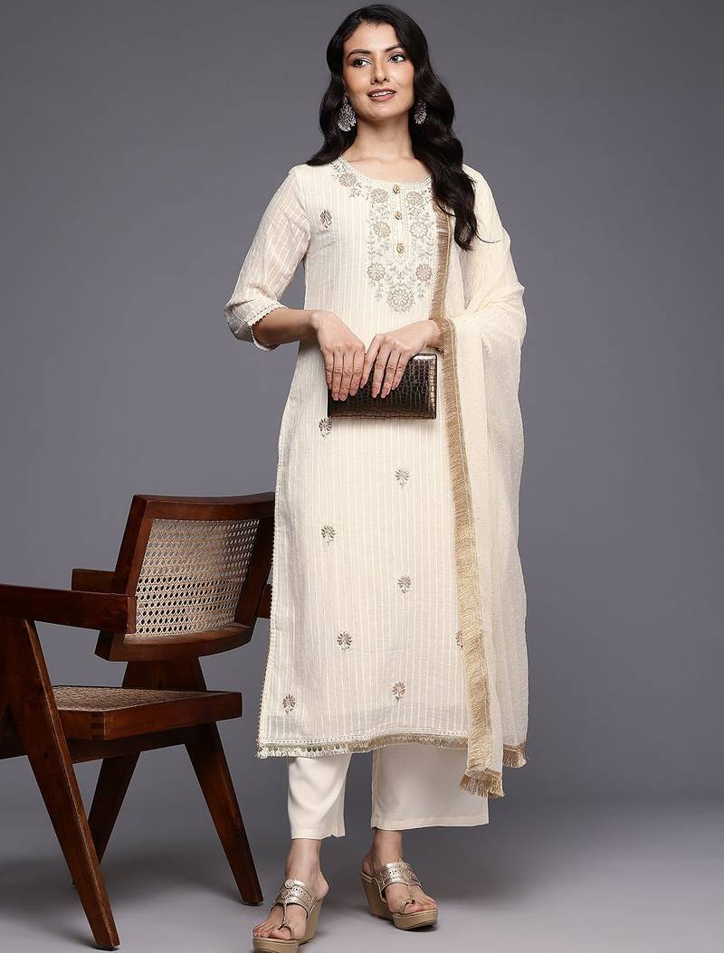 Floral Embroidered Zari Kurta With Palazzos & Dupatta