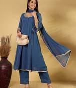 Women Panelled Thread Work Anarkali Republic Day Kurta with Palazzos & Fringed Dupatta