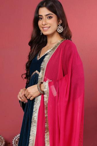 Navy Blue Flared Sleeves Lace Velvet Empire Kurta with Trousers & Dupatta