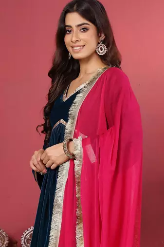 Navy Blue Flared Sleeves Lace Velvet Empire Kurta with Trousers & Dupatta