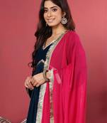 Navy Blue Flared Sleeves Lace Velvet Empire Kurta with Trousers & Dupatta