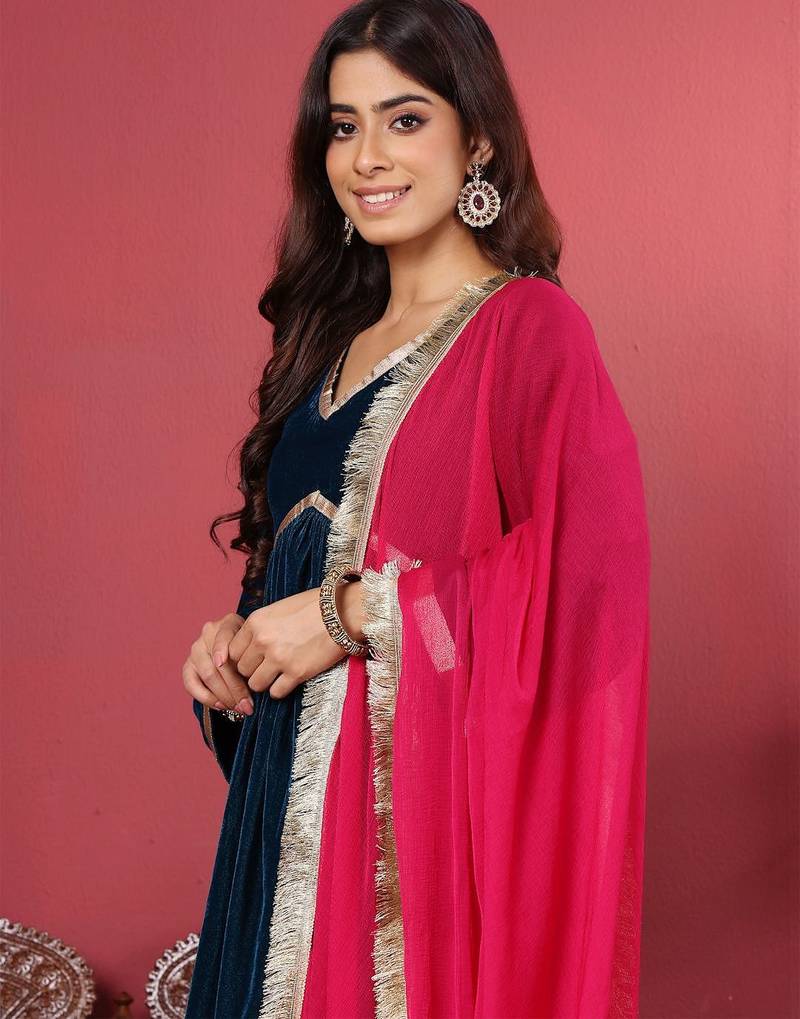 Navy Blue Flared Sleeves Lace Velvet Empire Kurta with Trousers & Dupatta