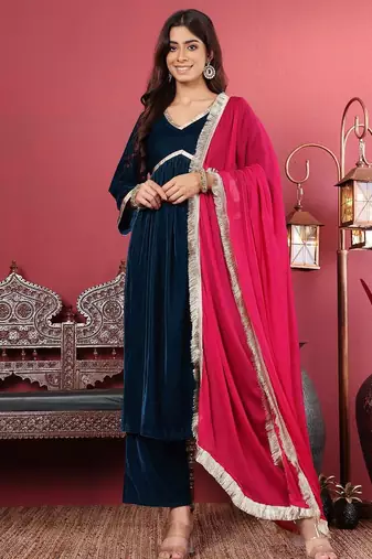 Navy Blue Flared Sleeves Lace Velvet Empire Kurta with Trousers & Dupatta