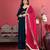 Navy Blue Flared Sleeves Lace Velvet Empire Kurta with Trousers & Dupatta