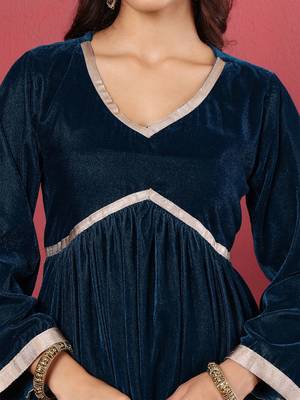 Navy Blue Flared Sleeves Lace Velvet Empire Kurta with Trousers & Dupatta 3