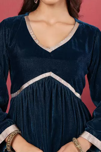 Navy Blue Flared Sleeves Lace Velvet Empire Kurta with Trousers & Dupatta