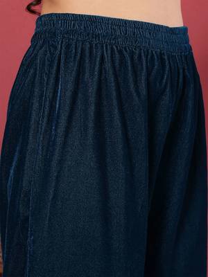 Navy Blue Flared Sleeves Lace Velvet Empire Kurta with Trousers & Dupatta 4