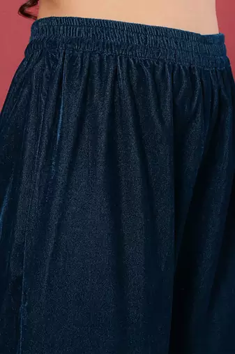 Navy Blue Flared Sleeves Lace Velvet Empire Kurta with Trousers & Dupatta