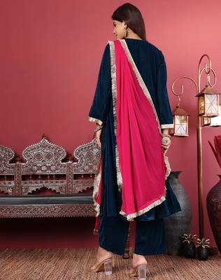 Navy Blue Flared Sleeves Lace Velvet Empire Kurta with Trousers & Dupatta 6