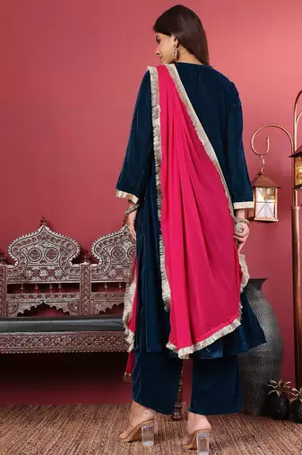 Navy Blue Flared Sleeves Lace Velvet Empire Kurta with Trousers & Dupatta