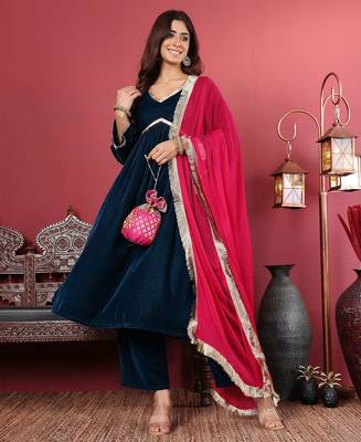 Navy Blue Flared Sleeves Lace Velvet Empire Kurta with Trousers & Dupatta 7