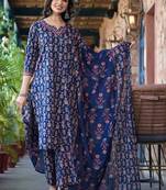 Floral Printed Regular Pure Cotton Straight Kurta with Trousers & With Dupatta
