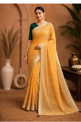 Yellow Embroidery Thread And Beats Work Design Fabric Soft Linen Saree With Unstitched Blouse 1