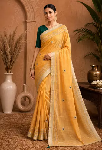 Yellow Embroidery Thread And Beats Work Design Fabric Soft Linen Saree With Unstitched Blouse