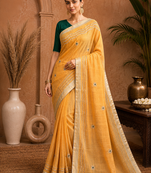 Yellow Embroidery Thread And Beats Work Design Fabric Soft Linen Saree With Unstitched Blouse