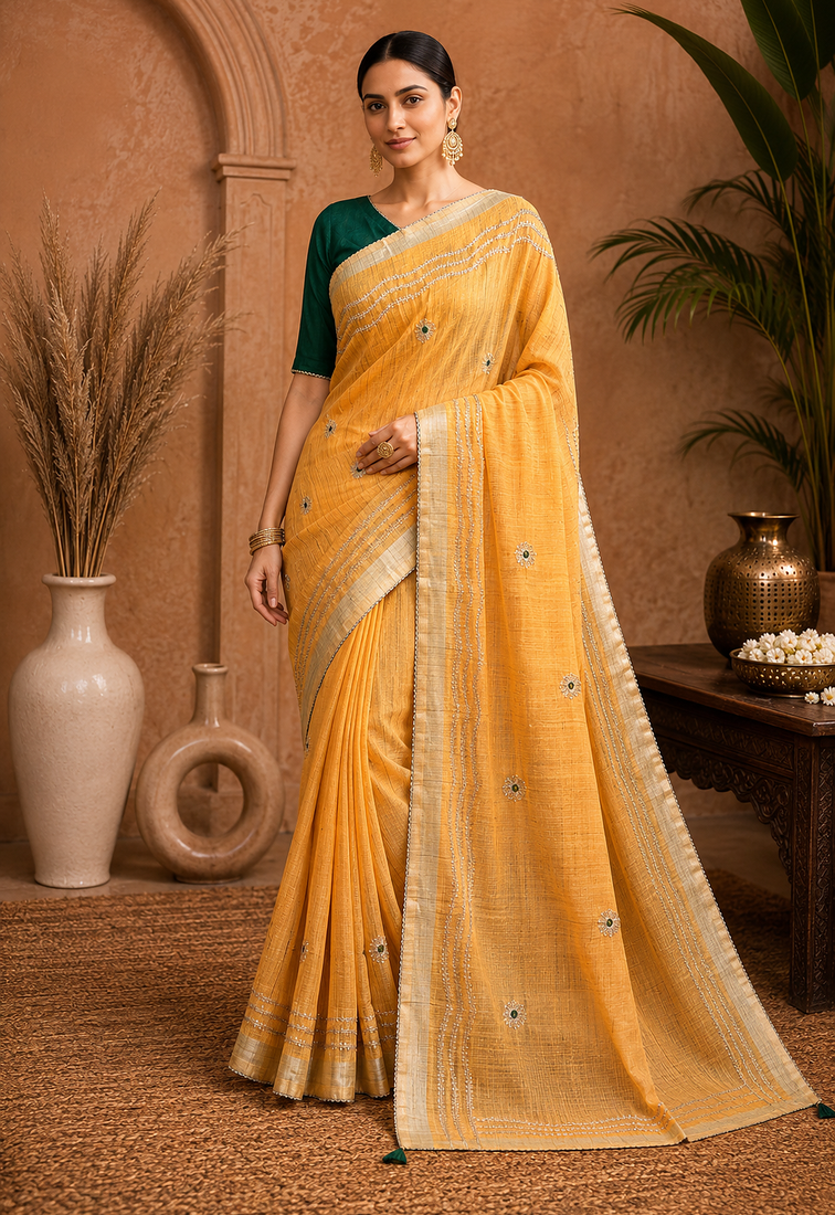 Yellow Embroidery Thread And Beats Work Design Fabric Soft Linen Saree With Unstitched Blouse