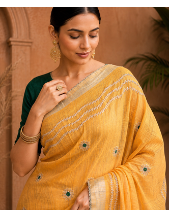 Yellow Embroidery Thread And Beats Work Design Fabric Soft Linen Saree With Unstitched Blouse 2